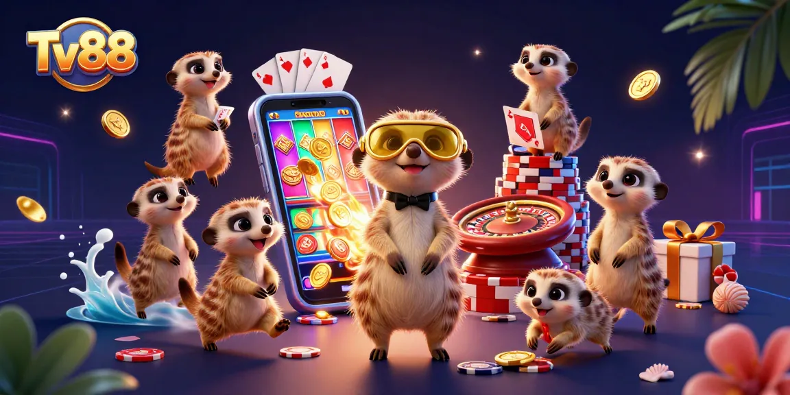 Engage with Tv88's immersive casino experience featuring playful meerkats and vibrant slot games.