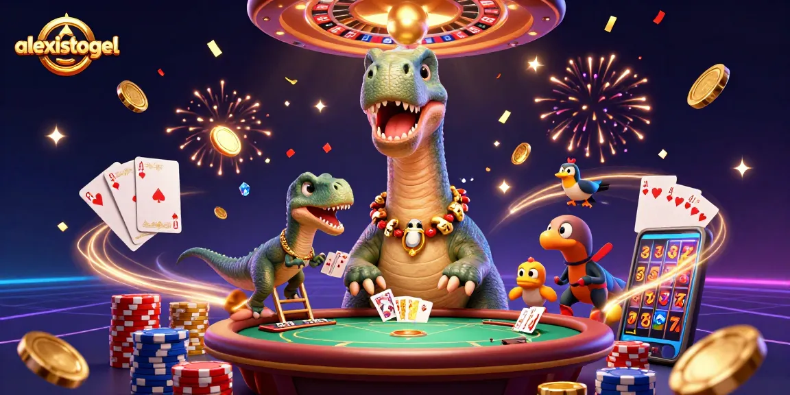 Aksi menarik di alexistogel saat dinosaur brontosaurus bertahan di kasino dengan tumpukan chip poker dan kartu bertumpuk tinggi.