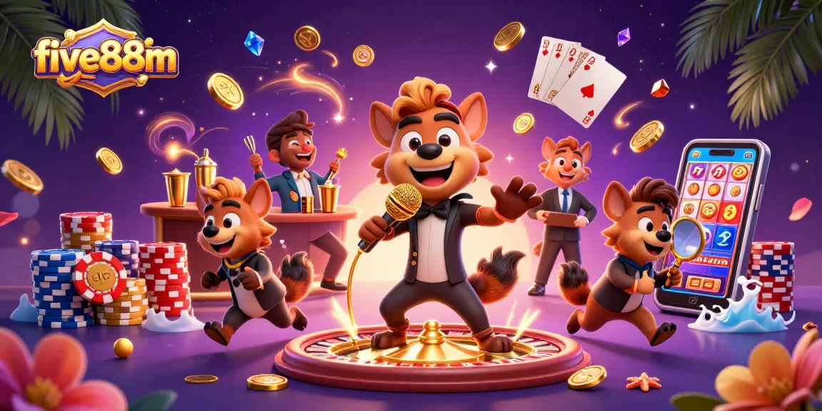 Engage with five88m at a vibrant casino scene filled with laughter and excitement from unique characters.