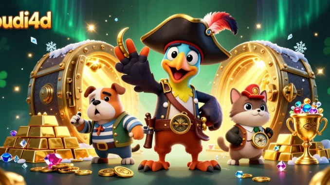 Experience thrilling wins with budi4d, illustrated by pirate characters among treasures and casino elements.