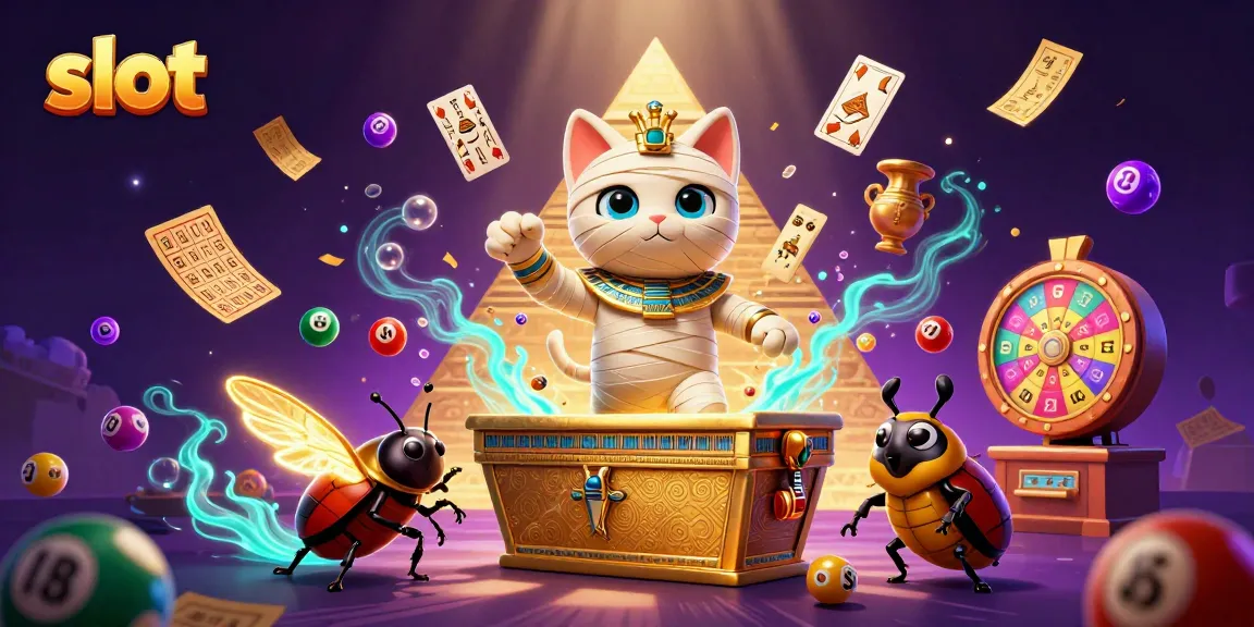 Memainkan slot dengan kucing mummy dan scarab bersinar di kasino penuh warna.