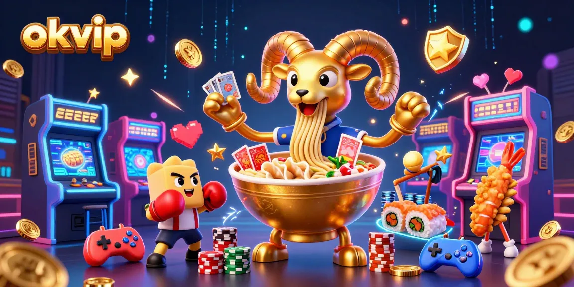 Engage with okvip's dynamic casino scene featuring a giant ramen bowl character and vibrant gaming elements.