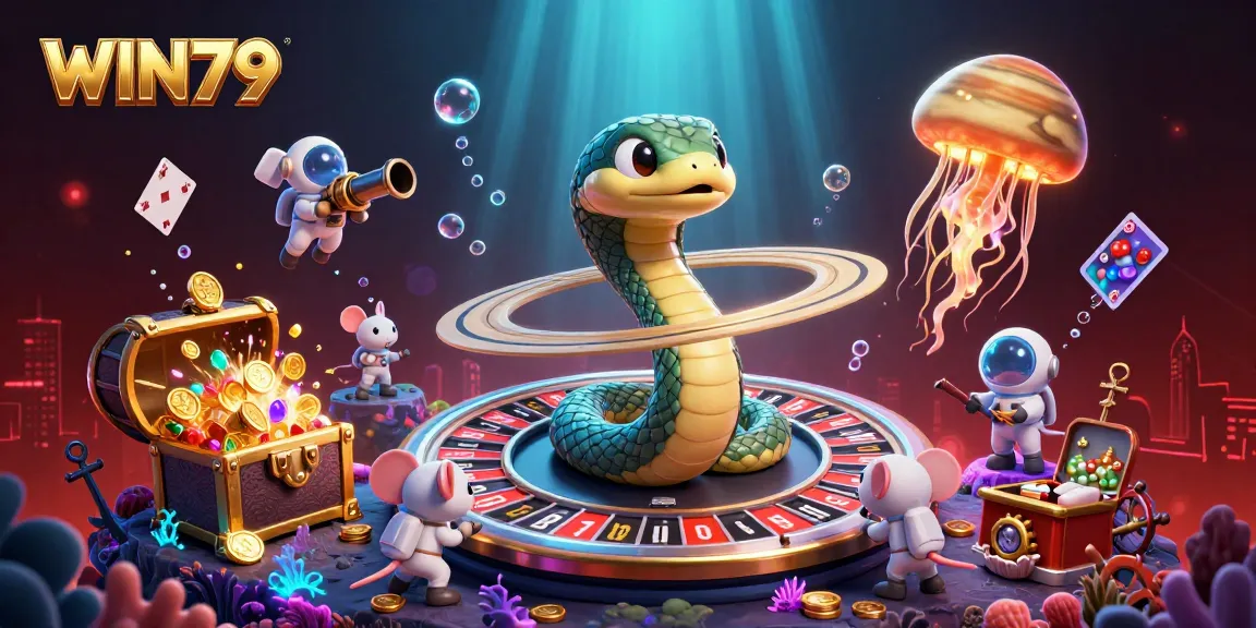 Place your bets on WIN79 with cosmic dealer elements in a vibrant digital casino scene.