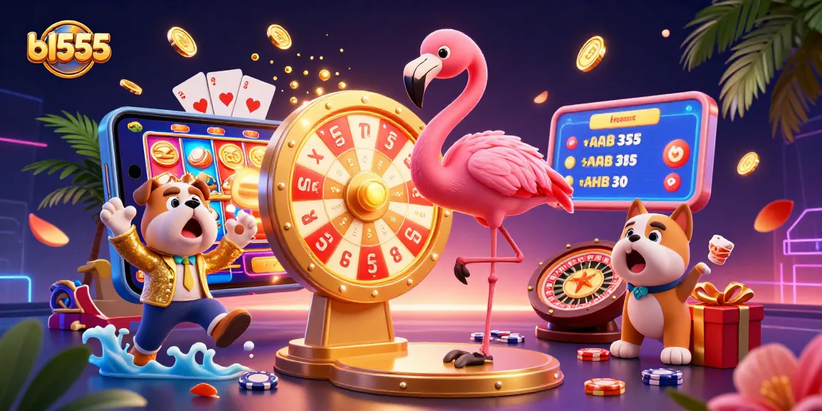 Spin the prize wheel with bl555; energetic game show scene featuring a bulldog and cat revealing rewards.