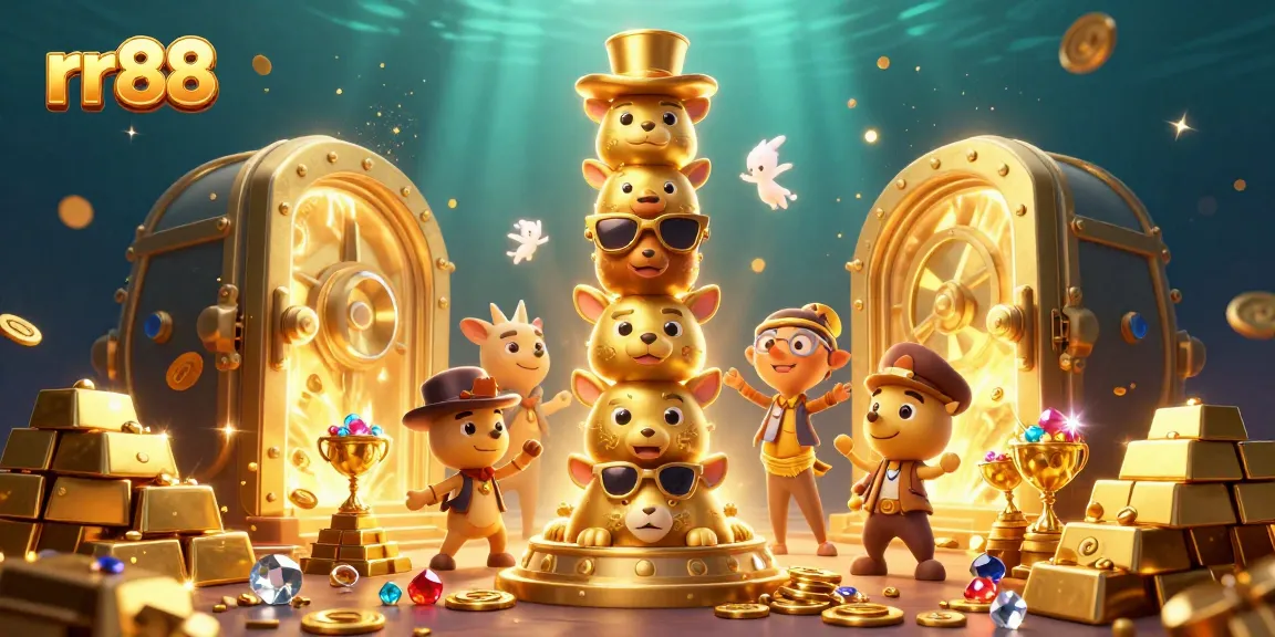 Experience exciting wins at rr88 with a dynamic 3D casino scene featuring a golden totem and treasure.