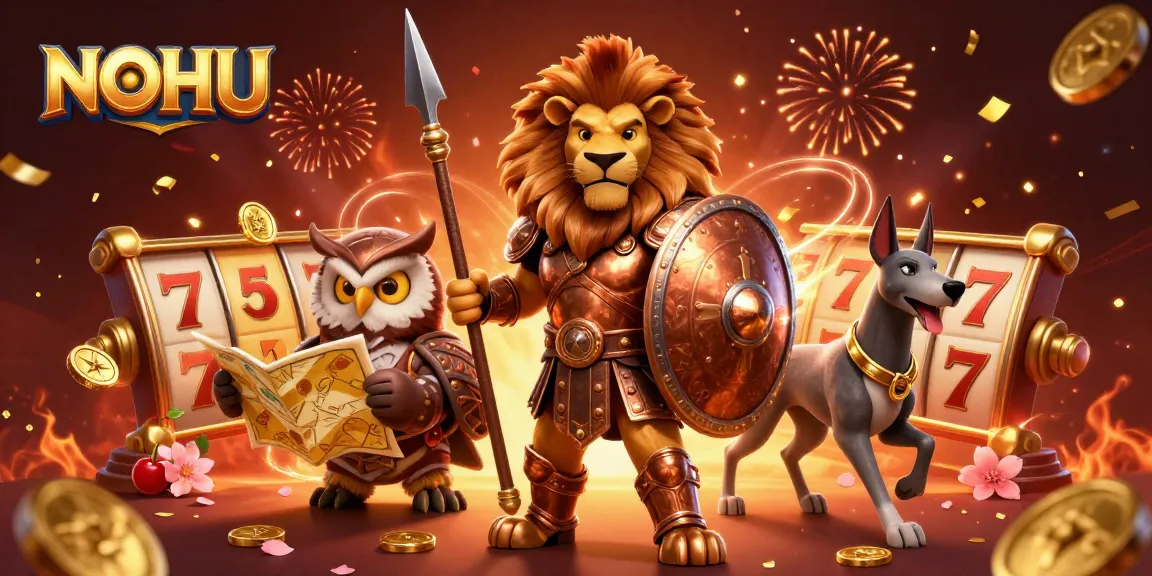 Engage with exciting NOHU casino action featuring a lion warrior, owl strategist, and greyhound messenger.