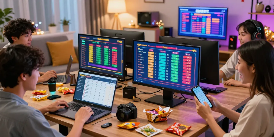Engaged players enjoying Pasaran Togel Terlengkap online, surrounded by screens and gaming decor in a cozy setting.