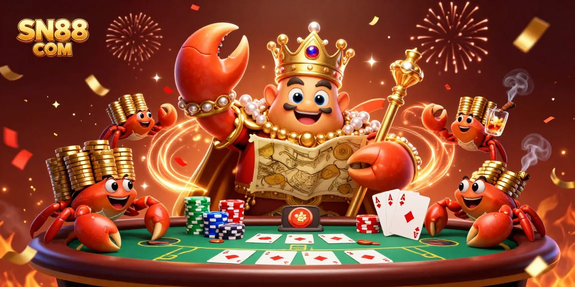 Experience thrilling gameplay at SN88 COM, featuring a golden crab emperor amid vibrant poker and casino elements.