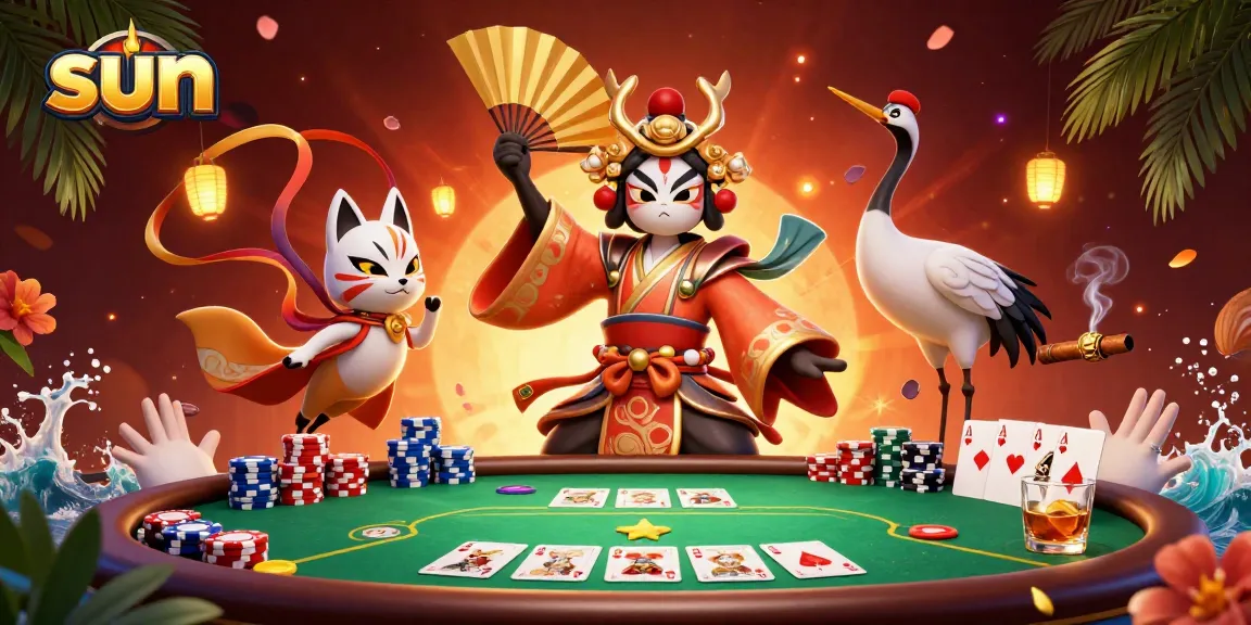 Experience thrilling gaming at sun-themed tables with vibrant poker action and dynamic characters.