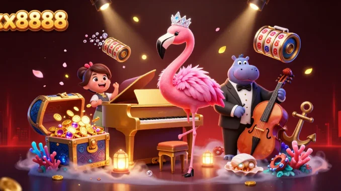 Experience winnings at xx8888 with a vibrant casino scene featuring a flamingo singer and hippo bassist.
