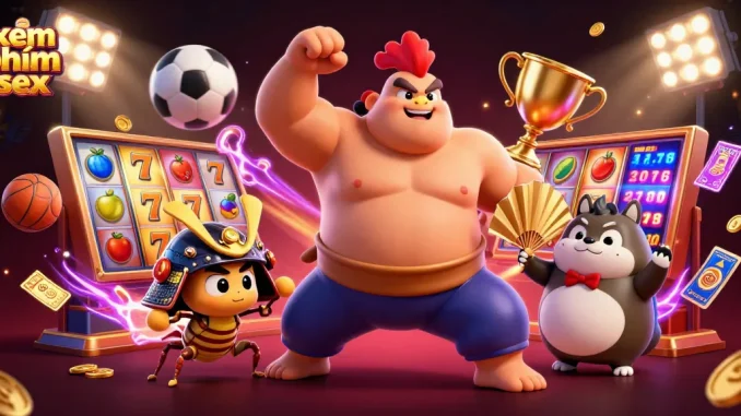 Bet on xem phim sex with a dynamic casino scene featuring a sumo wrestler, cricket, and tanuki, rich with casino elements.
