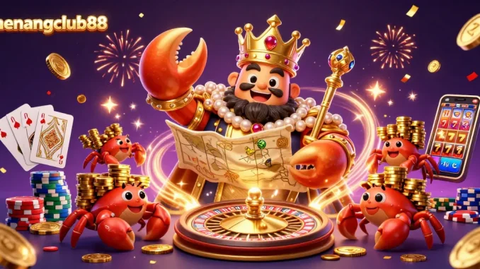 Experience exciting wins with menangclub88 in this vibrant casino illustration filled with gold and gems.