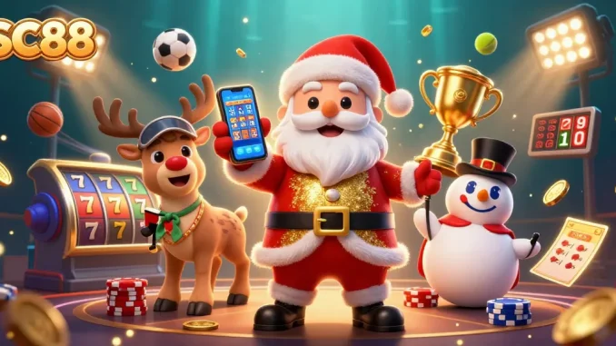 Experience the thrill of SC88 with Santa and friends in a vibrant casino setting showcasing jackpot slots.