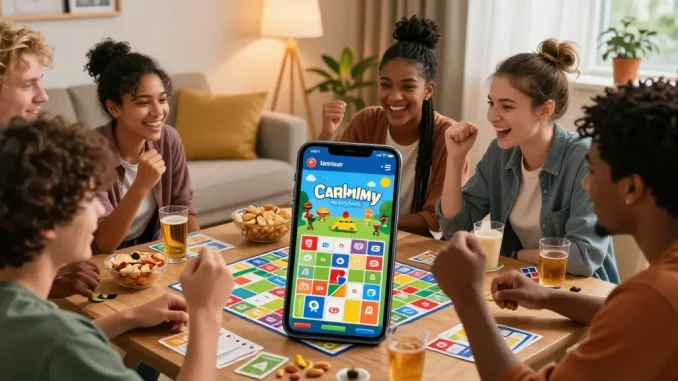 Eager group enjoying Card Rummy, showcasing download file on mobile device in a cozy living room setting.