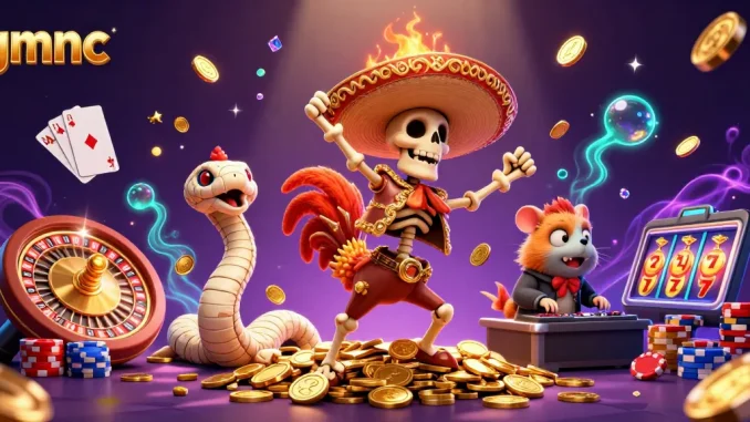 Experience gmnc's vibrant world of online gambling with a dancing mariachi rooster and festive elements.