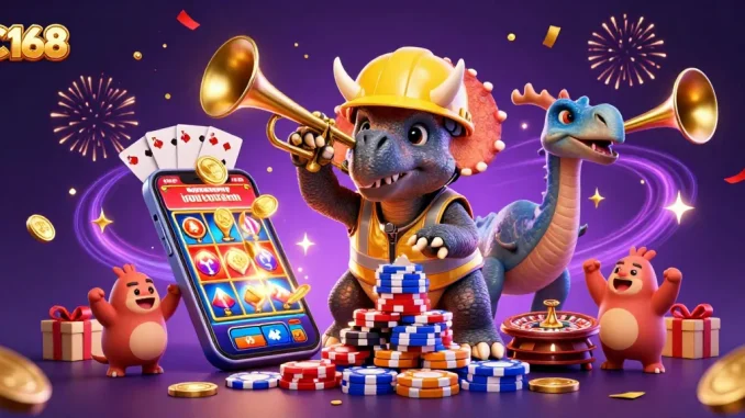 C168 brings excitement with a 3D triceratops and celebrations of poker chips amid gaming elements.