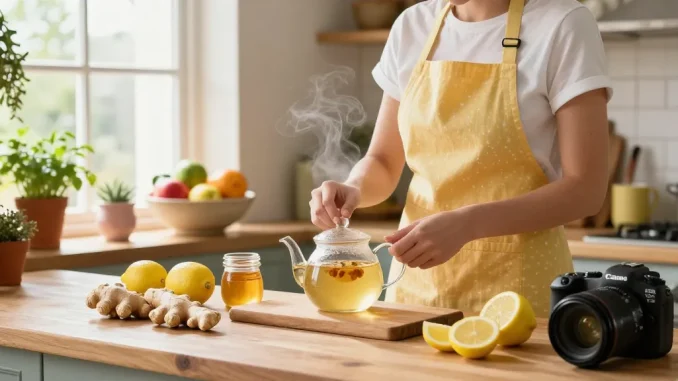 Preparing fresh ginger tea with ingredients like ginger, lemon, and honey in a bright kitchen, highlighting the benefits of สล็อต.