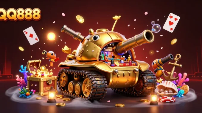 Experience the thrilling game adventure at QQ888 with immersive scenes of a mini casino in a golden beetle tank.