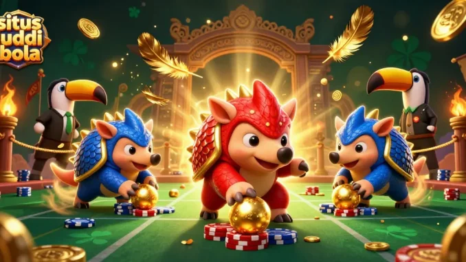 Gambarkan situs judi bola yang menarik dengan pangolin dalam pertempuran di arena judi.