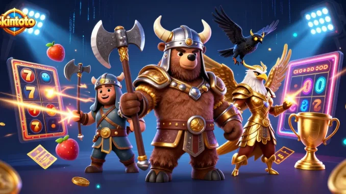Visualisasi slot bernama skintoto dengan karakter Viking dan elemen jackpot yang dinamis.