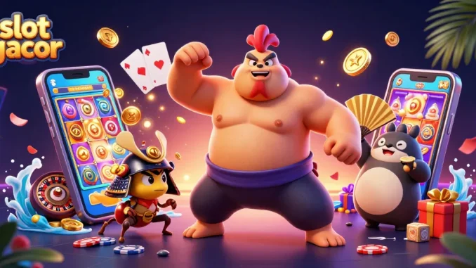 Gambarlah slot gacor yang menarik dengan karakter dan elemen kasino.