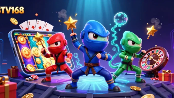 BTV168 showcases a team of ninja chameleons in casino action with slot game elements erupting for excitement.
