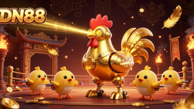 Engage in the excitement of DN88: a golden rooster robot and baby chicks dominate a vibrant casino scene.