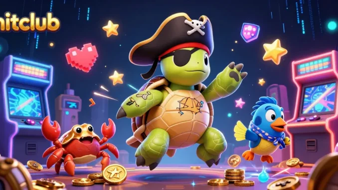 Engage with hitclub's vibrant animated scene featuring a pirate turtle, crab, and parrotfish amidst arcade game action.