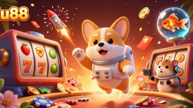Engage in exciting gameplay with lu88 in this vibrant space-themed casino scene featuring 3D characters and dynamic elements.