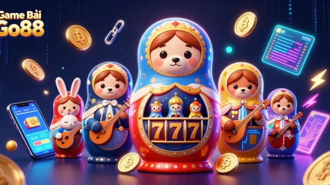 Engage with Game Bài Go88 through vibrant casino-themed 3D digital art featuring dynamic characters and crypto elements.