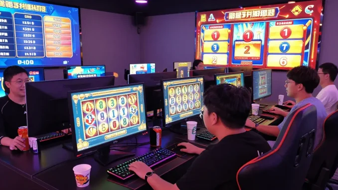 Slot jackpot permainan menarik dengan pemain antusias dan suasana penuh warna.