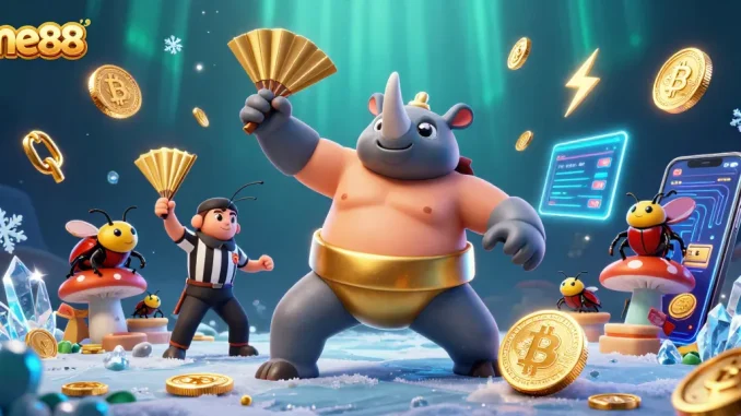 Experience thrilling action with me88's dynamic 3D scene featuring a beetle sumo champion amidst coins and crypto elements.