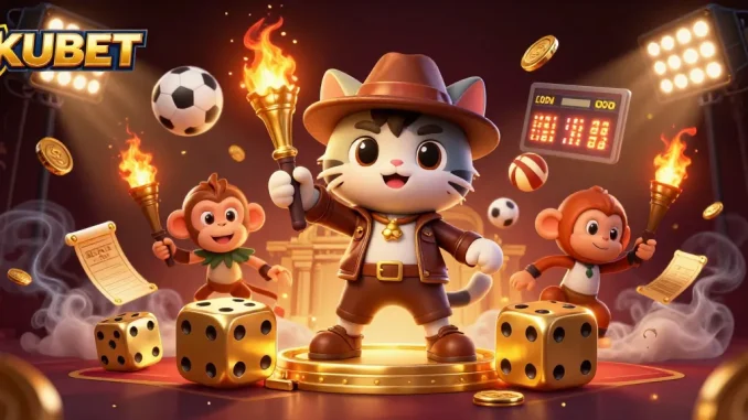 KUBET reveals golden casino artifacts in a 3D adventure with sports elements and lively characters.