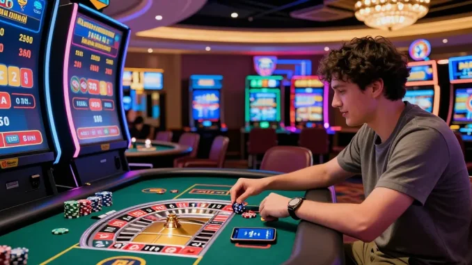 Engaging player at 78win virtual casino, enjoying roulette with vibrant surroundings.