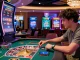 Engaging player at 78win virtual casino, enjoying roulette with vibrant surroundings.