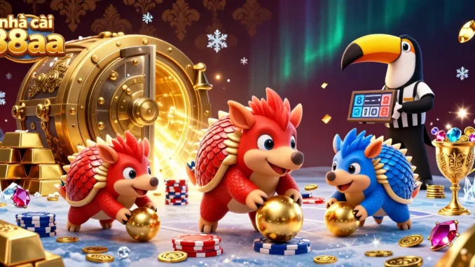 nhà cái 88aa showcases fun gameplay with rival pangolins amidst poker chips and treasure, in a vibrant casino setting.