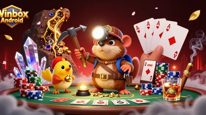 Winbox Android app showcases treasure hunting with poker elements, emphasizing mobile gaming excitement.