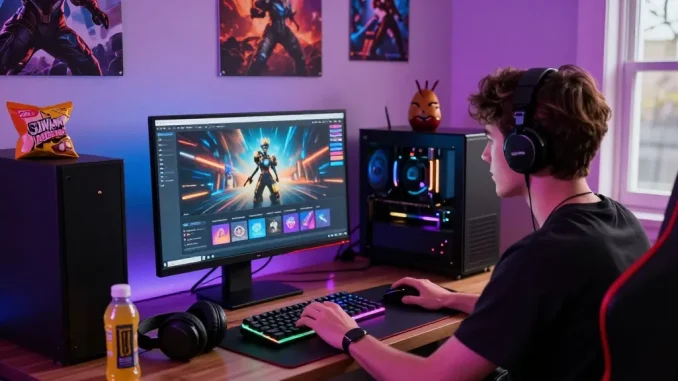 Immersive gaming atmosphere featuring sunwin gaming platform setup, showcasing vibrant digital environment.