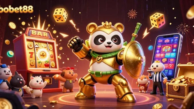 SBOBET88 showcases animated panda piloting a fighting robot amidst vibrant casino action.
