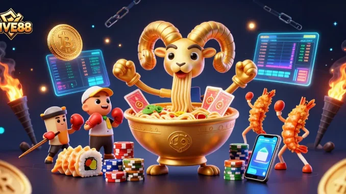 Join the FIVE88 gaming action with a vibrant 3D casino illustration featuring unique characters.