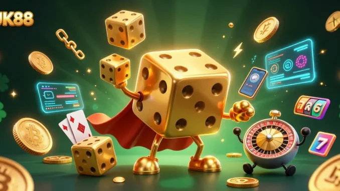 Engage with UK88's casino excitement, featuring golden dice and crypto elements in a vivid 3D scene.