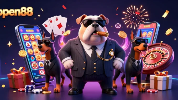 Bet big with open88 as a mafia bulldog oversees vibrant slot games and poker excitement!