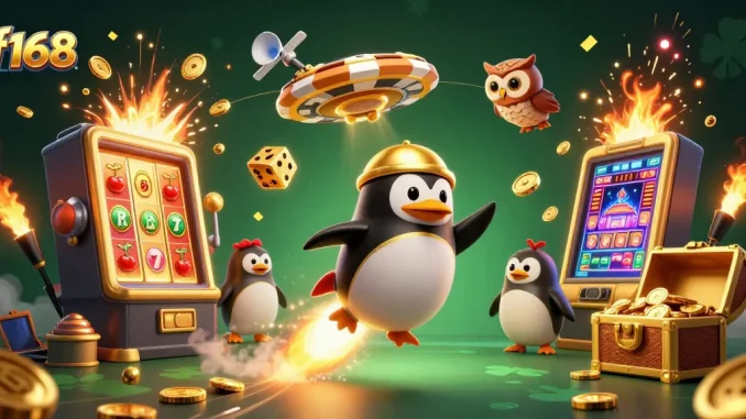 Experience the excitement of f168 as a golden penguin navigates a dynamic casino universe filled with jackpots and games.