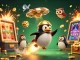 Experience the excitement of f168 as a golden penguin navigates a dynamic casino universe filled with jackpots and games.