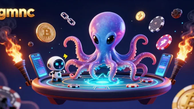 Experience thrilling gameplay at gmnc with an alien octopus running a holographic poker table, surrounded by vibrant crypto elements.