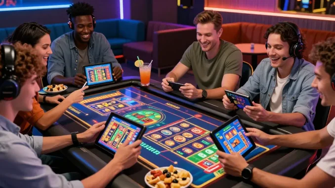 Mega888 download showcased by friends enjoying a lively casino gaming experience with tablets and smartphones.