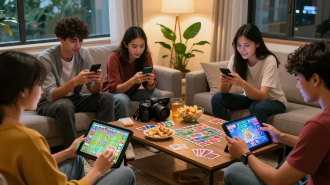 Play games online with friends in a cozy living room, featuring vibrant card game interfaces and an inviting atmosphere.