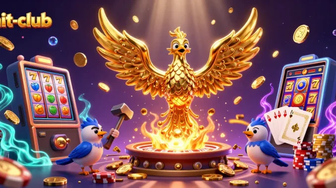 Hit-club showcases a vibrant 3D casino scene with a golden phoenix and slot machine excitement.