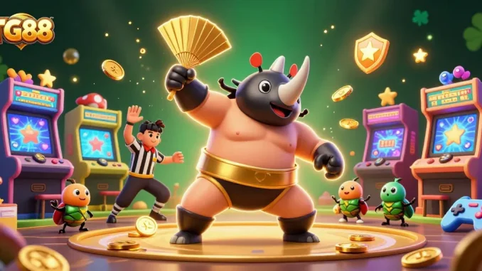 Experience exciting gameplay at TG88 with a dynamic scene featuring a rhinoceros beetle sumo champion amidst flying coins and vibrant game elements.