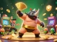 Experience exciting gameplay at TG88 with a dynamic scene featuring a rhinoceros beetle sumo champion amidst flying coins and vibrant game elements.